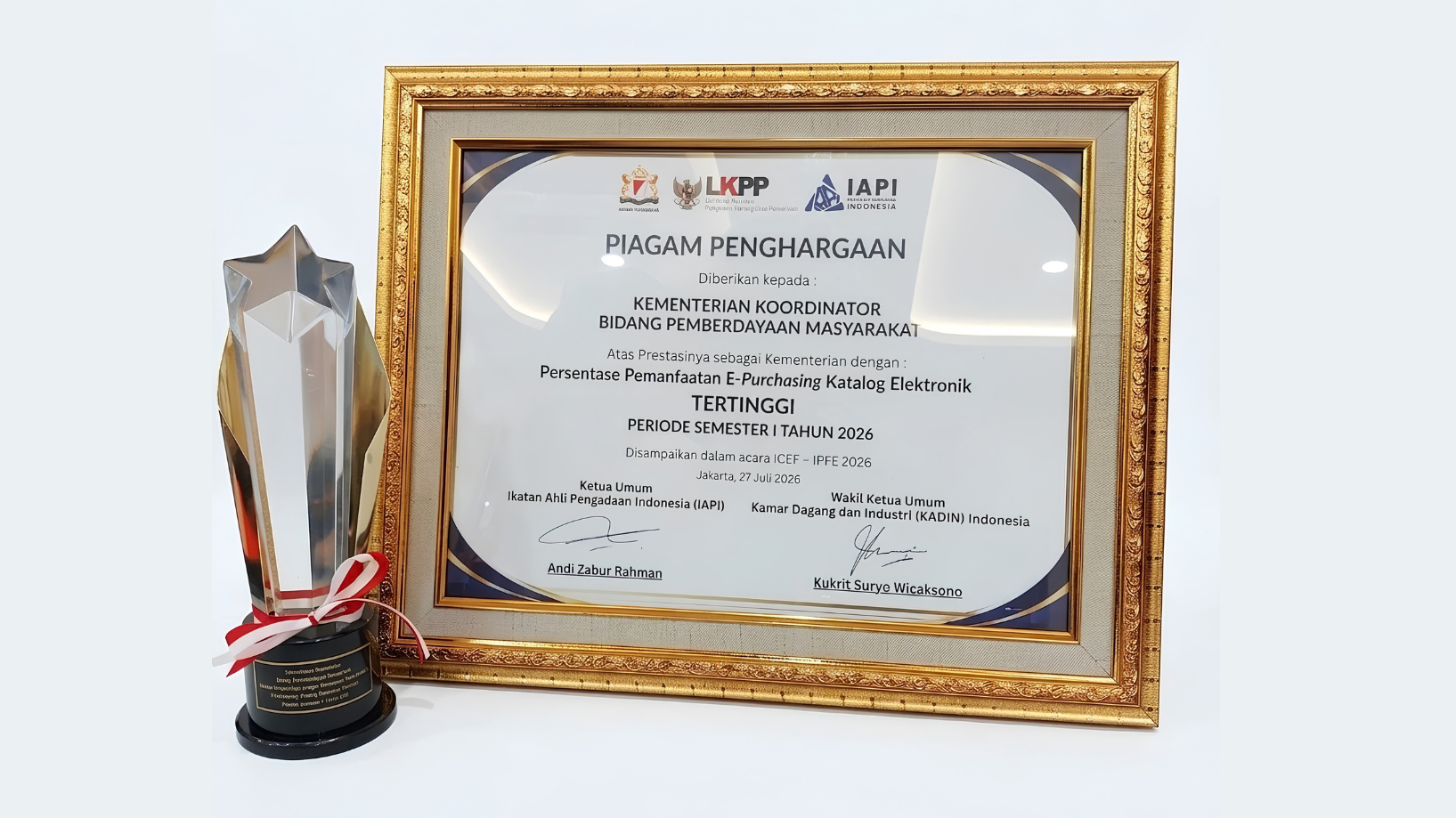 Kemenko PM meraih penghargaan atas persentase pemanfaatan E-Purchasing Katalog Elektronik tertinggi pada Semester I Tahun 2026